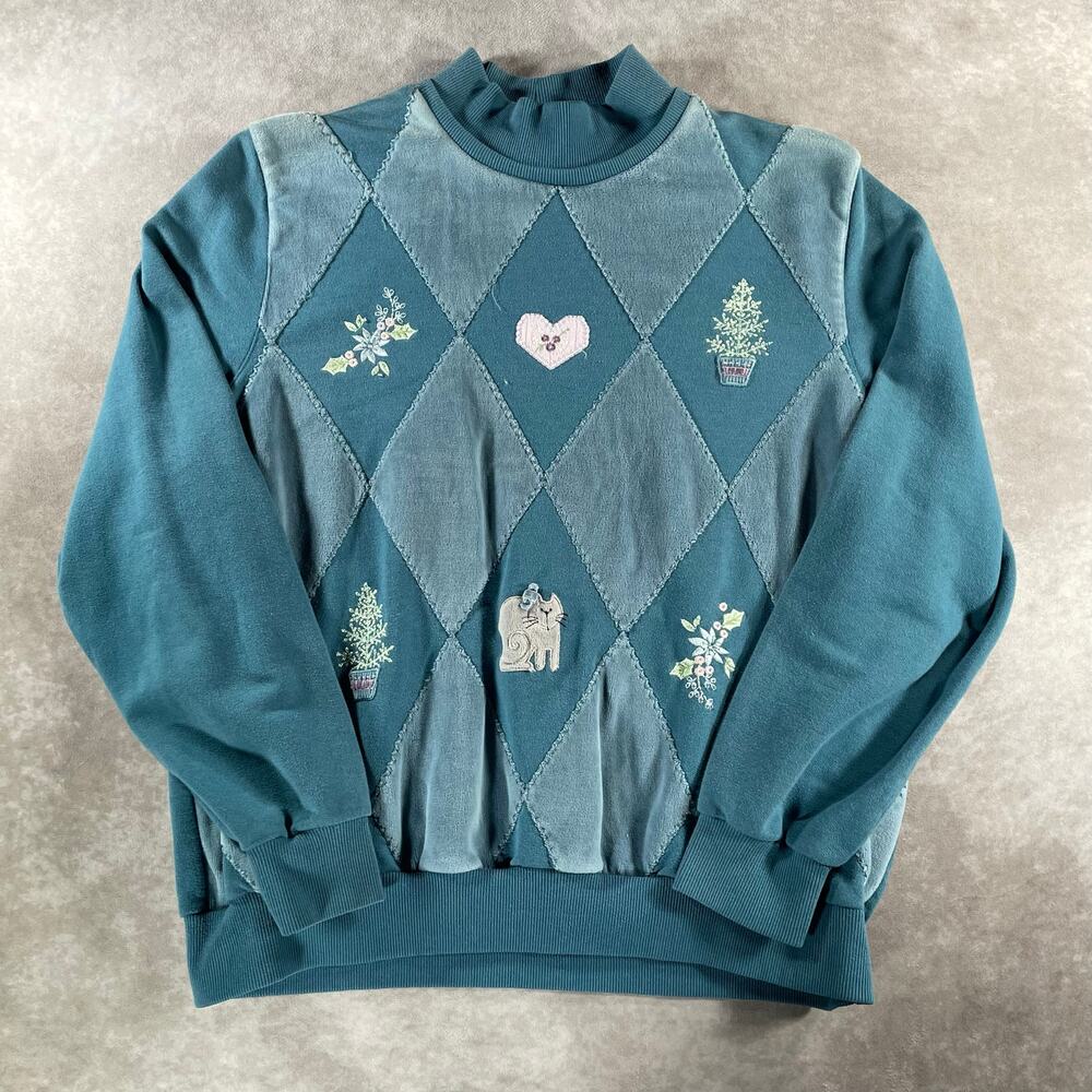 Vintage Alfred Dunner Grandma Style Cat Heart Flowers Embroidered Sweater